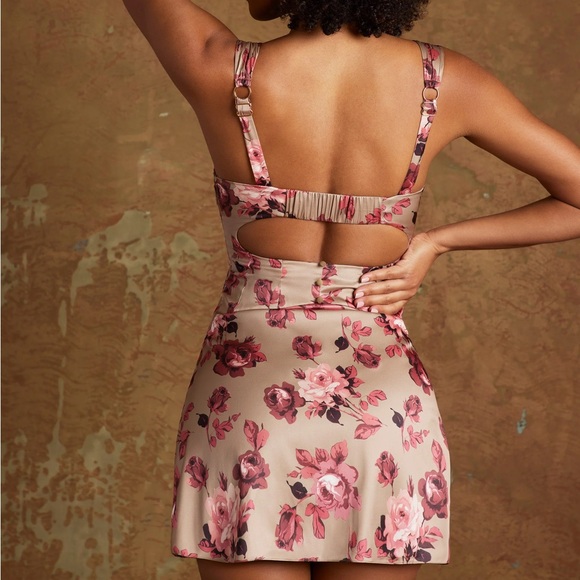 Oh Polly Satin Papatya Lace Up Corset Mini Dress in Beige Print US 0 - Picture 2 of 5